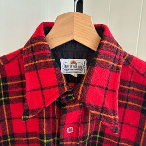 Vtg Fruit of the Loom Red Wool Blend Royal Stewart Plaid Button Up Shirt Men Med